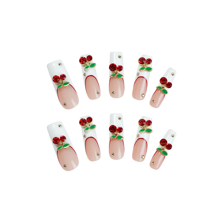 Artificial nail set with cherry motif and sparkling rhinestones Kalsten