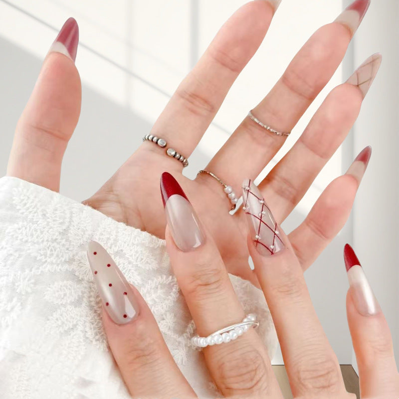 Elegant Artificial Nail Set with Stylish Red Accents Kalsten