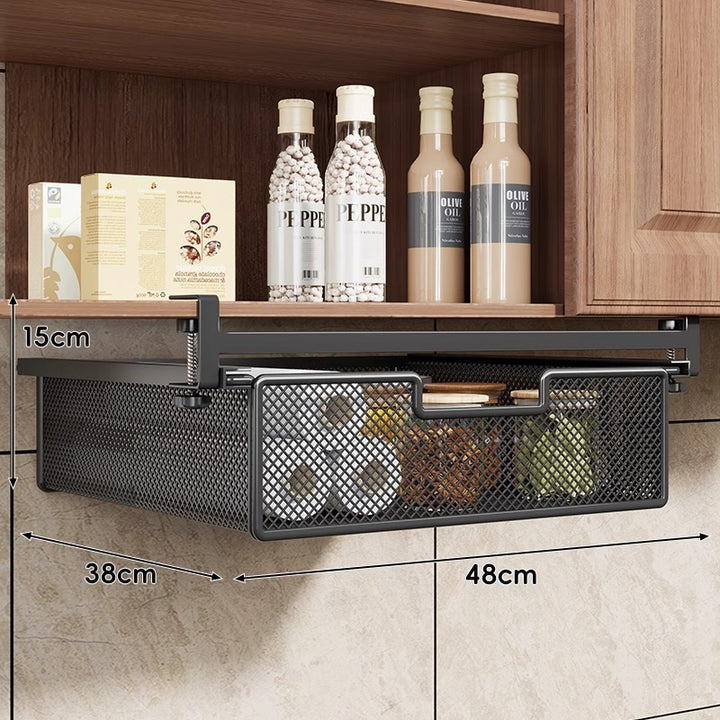 Under-Shelf Slide-Out Metal Mesh Pull-Out Storage Drawer with Adjustable Clamp
