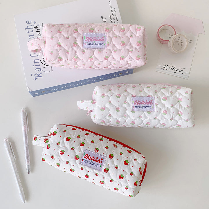 Quilted Strawberry Print Pencil Case