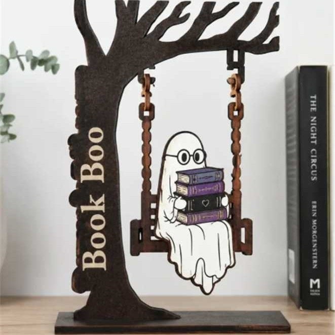 Whimsical Ghost and Cat Hanging Sign Sculpture Kalsten