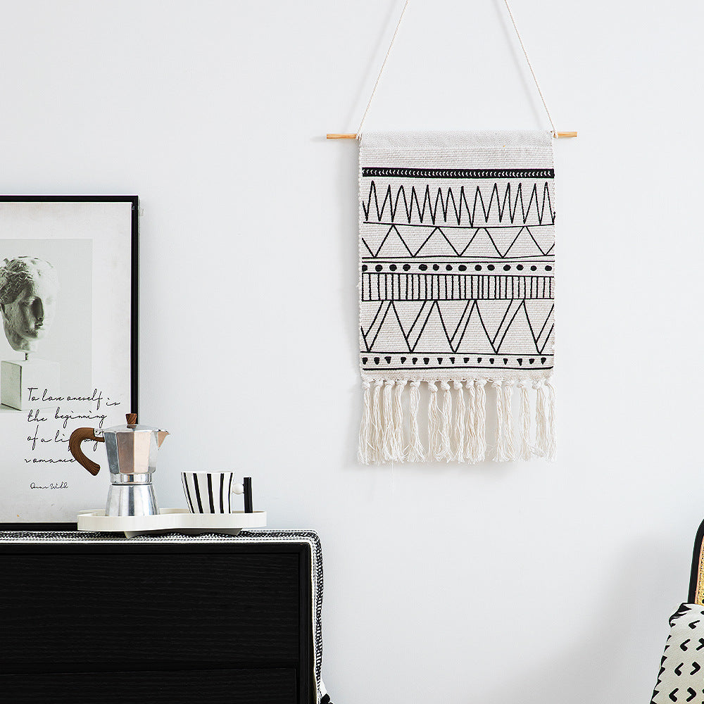 Woven Boho wall hanging with fringes and graphic ethnic pattern Kalsten