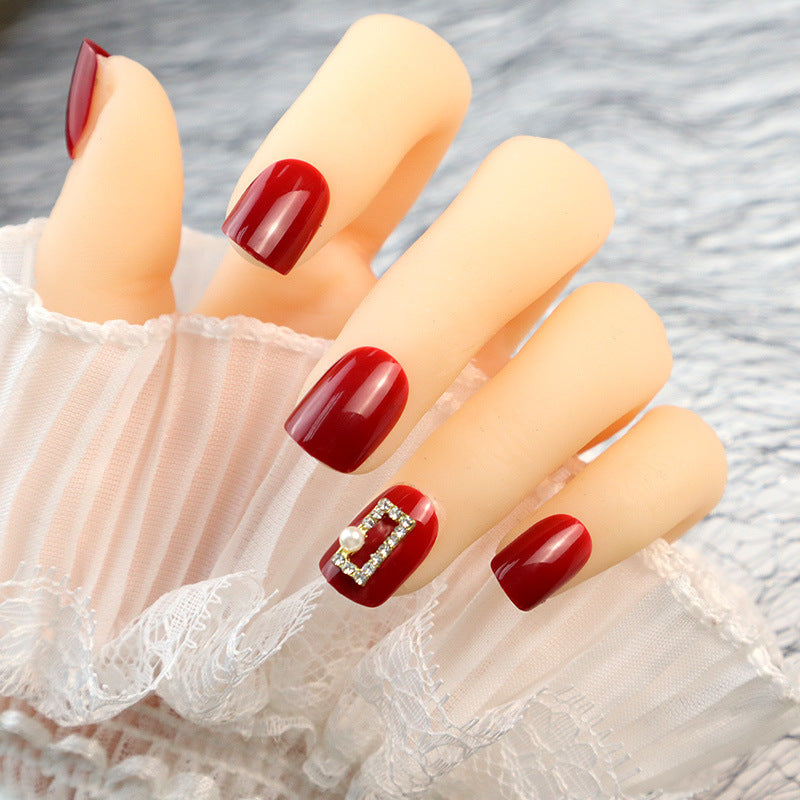 Elegant Red Press-On Nail Set with Pearl and Rhinestone Accents
