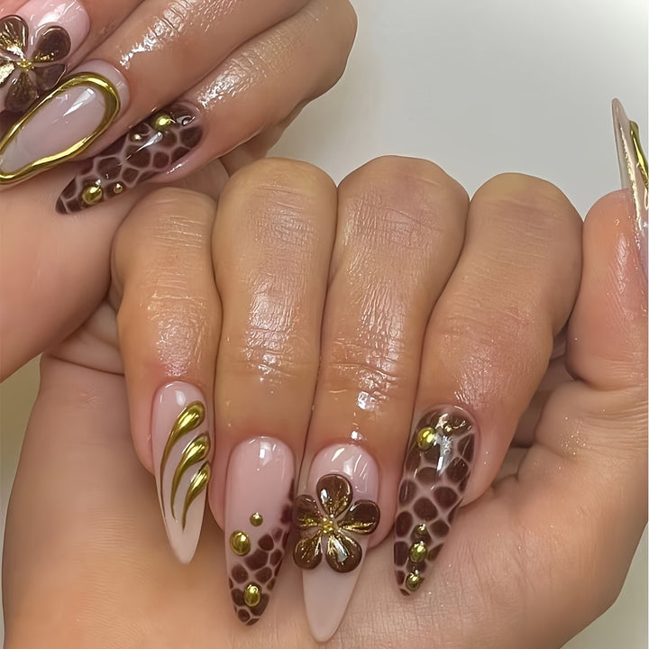 Artistic Press-On Nail Set with 3D Floral Accents Kalsten