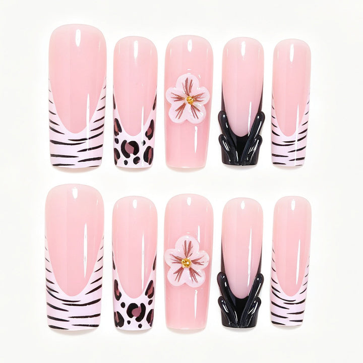 Artistic Press-On Nail Art Tips with Floral and Animal Print Designs Kalsten