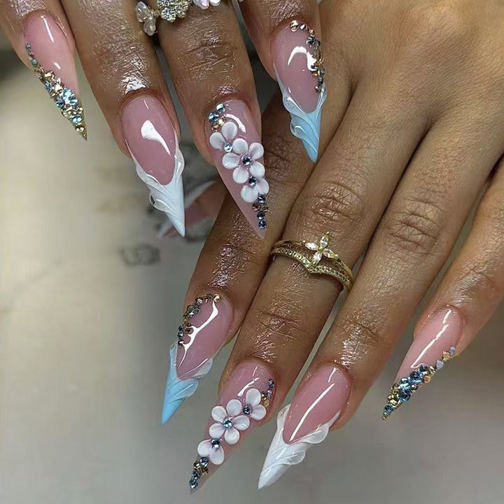 Elegant Floral-Embellished Stiletto Press-On Nails Kalsten