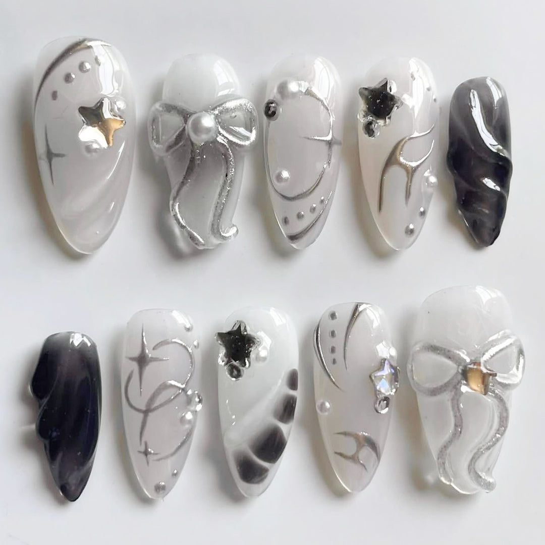 Creative Press-On Nail Art Set with Elegant Silver Accents Kalsten