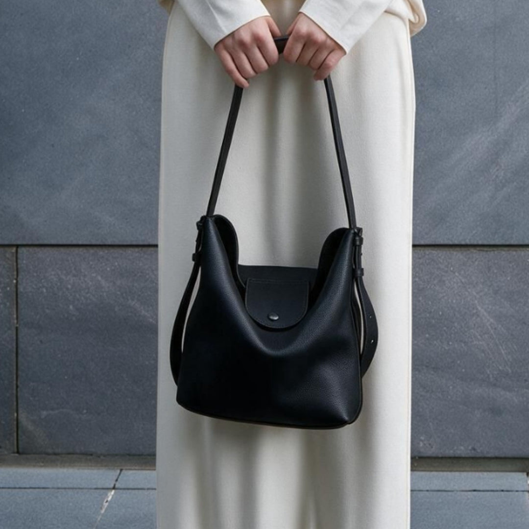 Pebbled Leather Slouchy Hobo Bucket Bag with Adjustable Strap