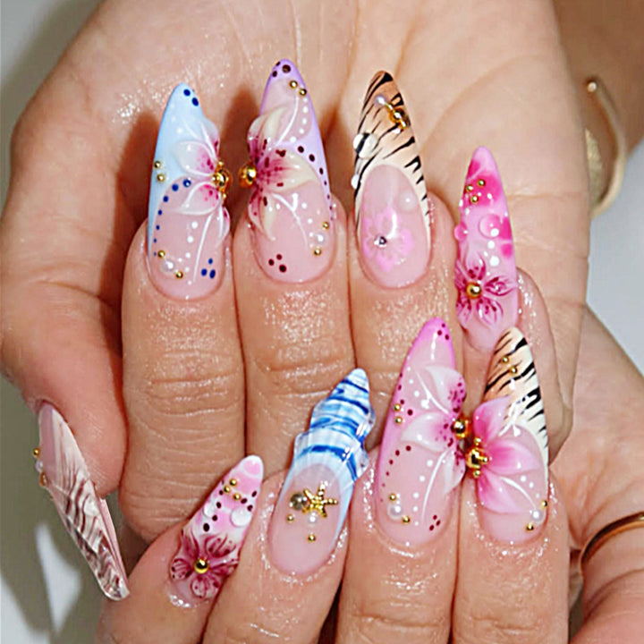 Artistic Press-On Nail Set with Floral and Gemstone Accents kalsten