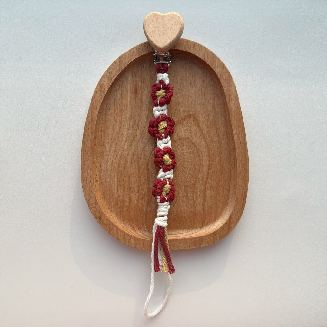 Cotton Crochet Floral Pacifier and Teether Clip with Wooden Heart Safety Clip