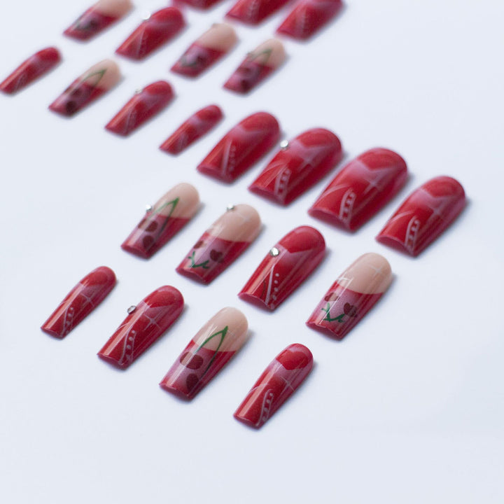 Artistic Heart and Cherry Nail Art Design