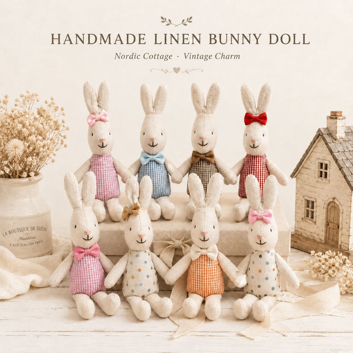 Hand-Sewn Linen Bunny Comforter Doll with Gingham Pocket Dress