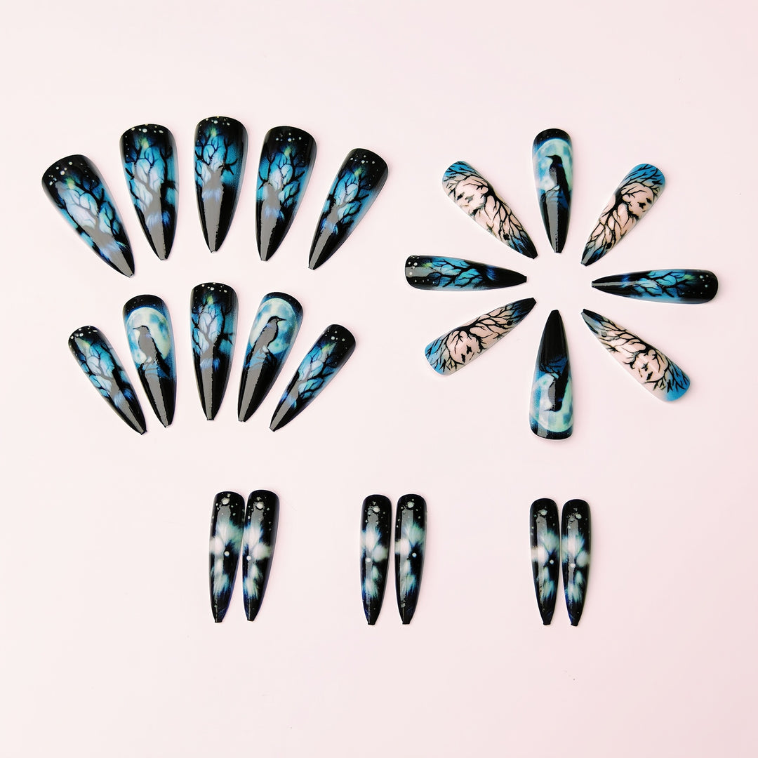 Creative artificial nails with mystical moon and crow design Kalsten