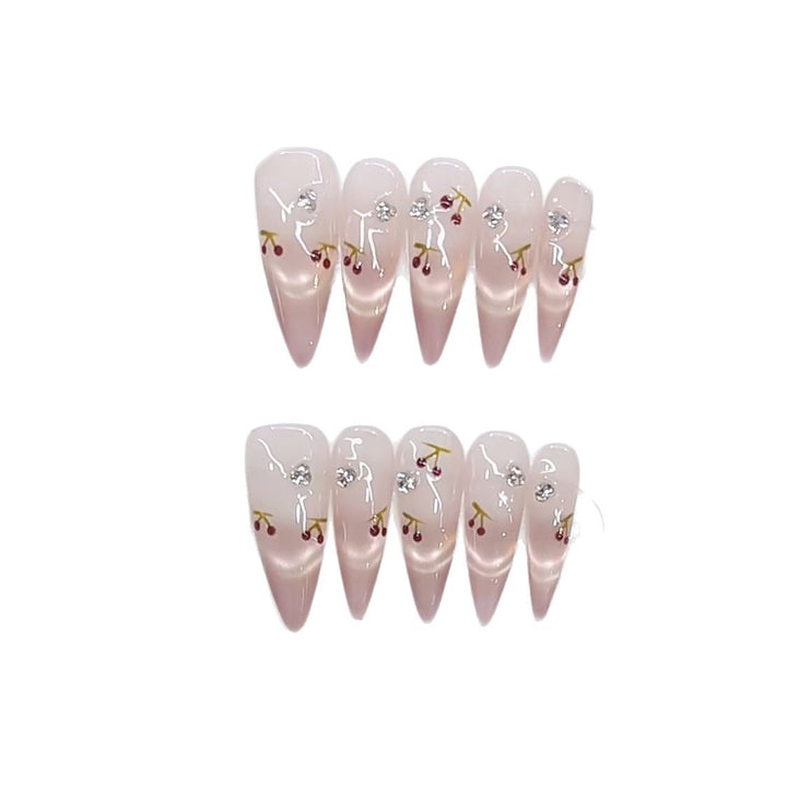 Artistic Press-On Nail Set with Cherry Blossom Design Kalsten