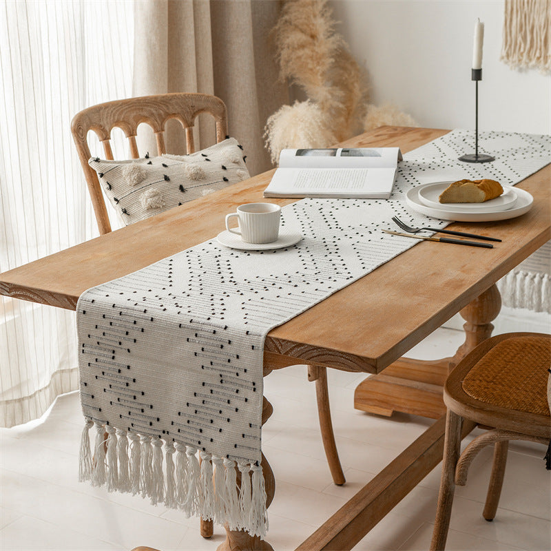 Handwoven table runner made of cotton blend with fringes and geometric dot jacquard Kalsten