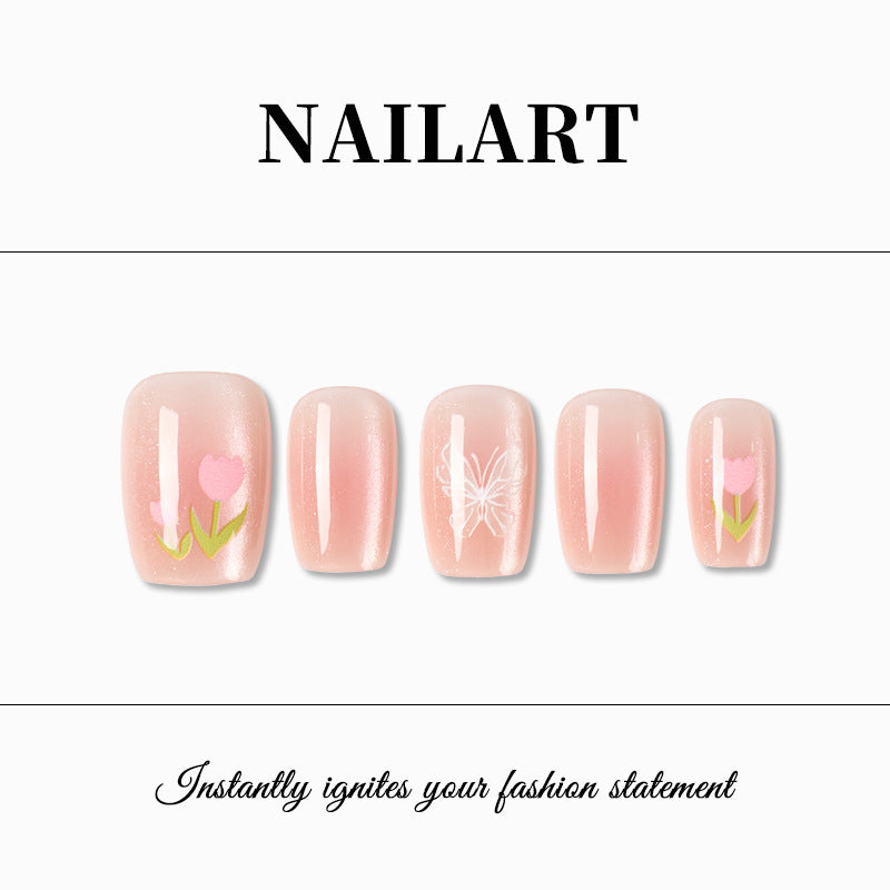 Artistic Press-On Nail Set with Floral Accents Kalsten 1787395327