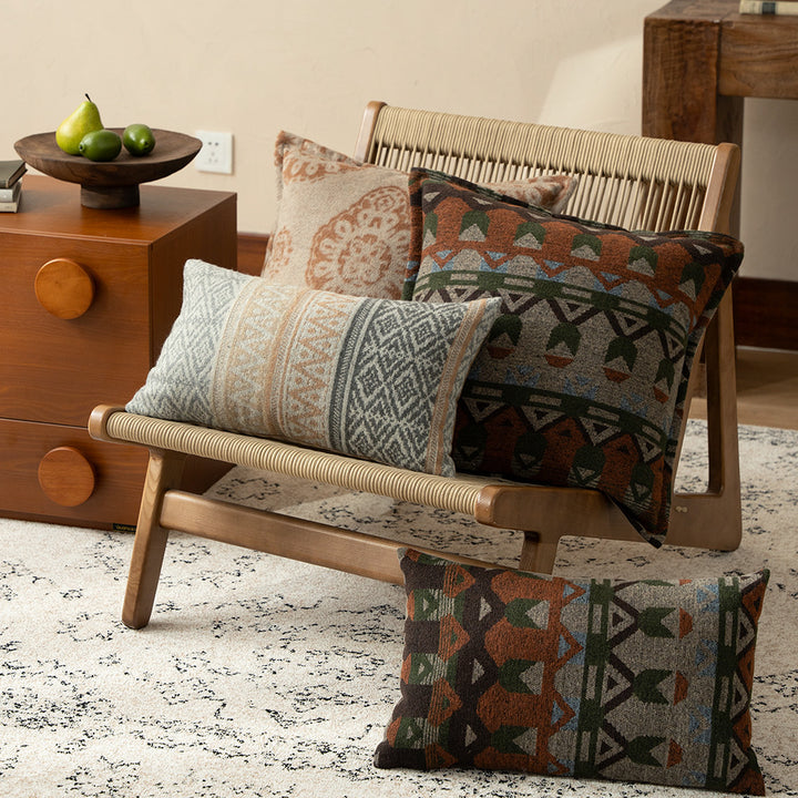 Square decorative sofa cushion with jacquard-woven ornament and soft bouclé surface Kalsten