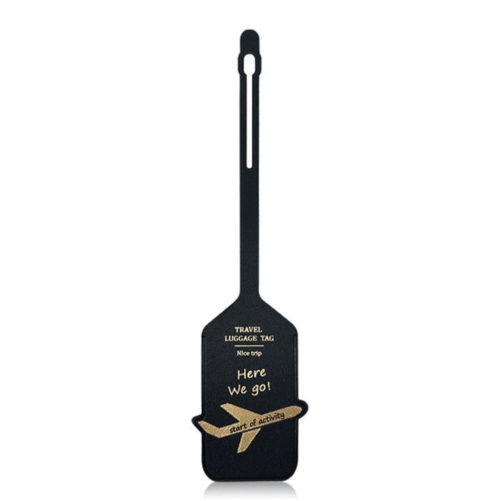 premium leather travel luggage ID tag with embossed airplane motif and adjustable strap Kalsten