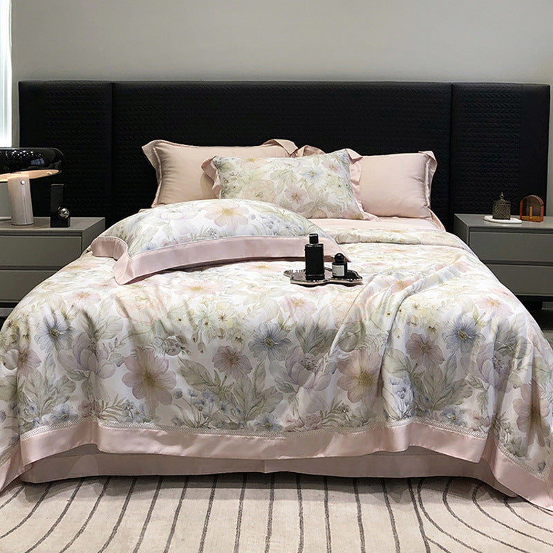 Luxurious cotton satin bedding set with floral watercolor print and fine satin trim