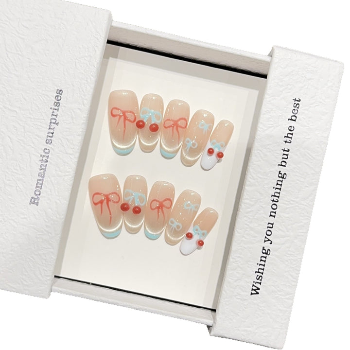 Artificial nail tips with romantic bow and cherry motifs Kalsten