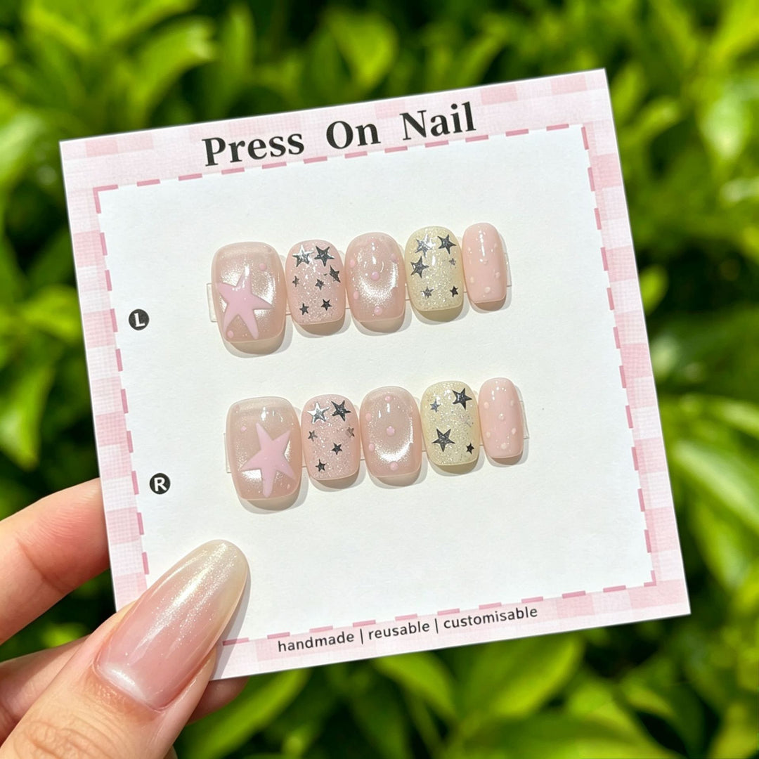 Artistic Press-On Nail Art Set with Star and Floral Accents