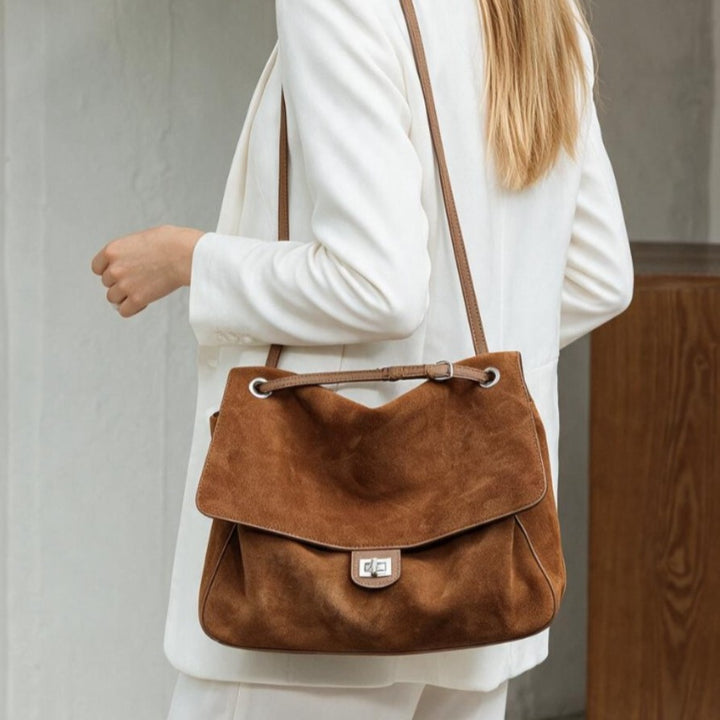 Suede Shoulder Tote Bag with Flap and Turn-Lock Closure