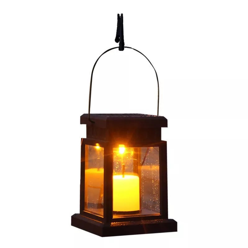 Rustic Hanging Solar Lantern With Flickering LED Candle And Waterproof Glass Panels Kalsten