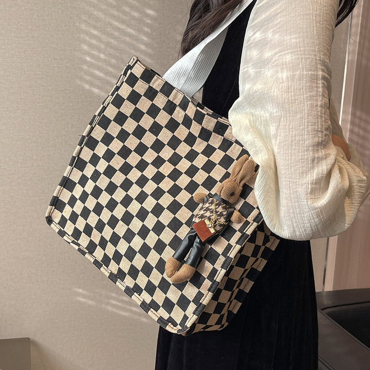 Checkerboard Patterned Canvas Tote Bag
