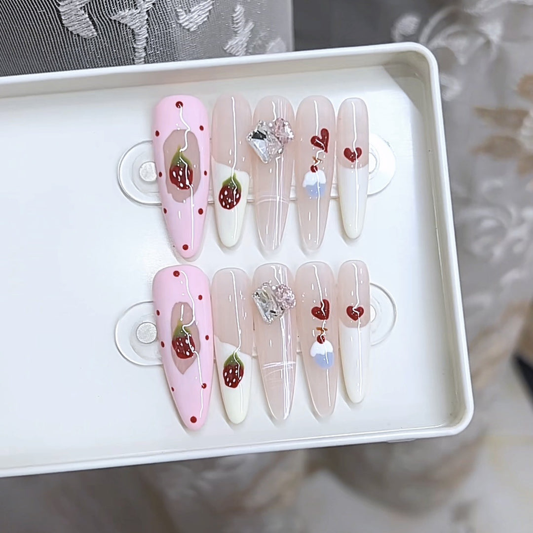 Decorative Press-On Nail Art Set with Fruit and Gem Accents Kalsten