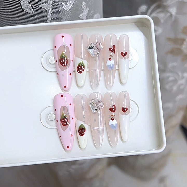 Decorative Press-On Nail Art Set with Fruit and Gem Accents Kalsten