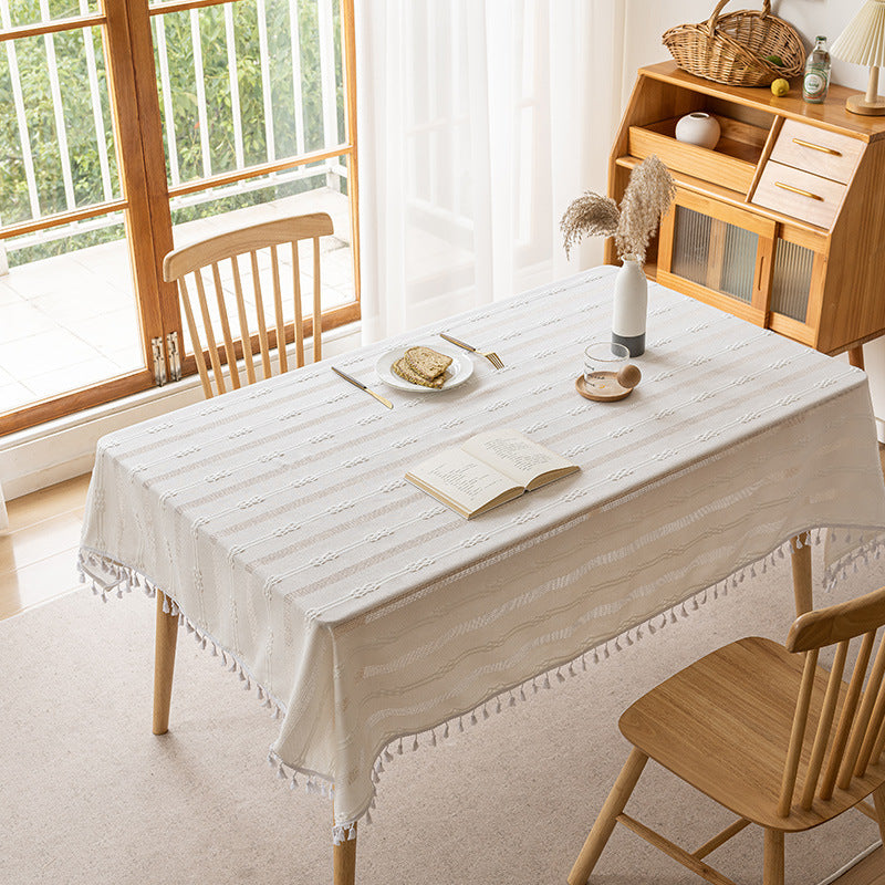 Rectangle Cotton-Linen Woven Fringe Tassel Tablecloth for Dining Table