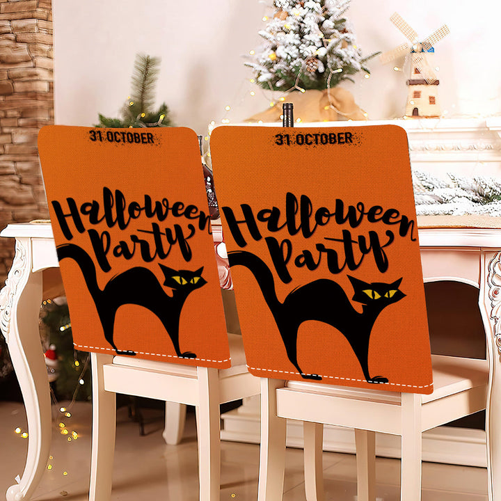 festive Halloween chair covers made of stretchable polyester with witch hat and lettering design