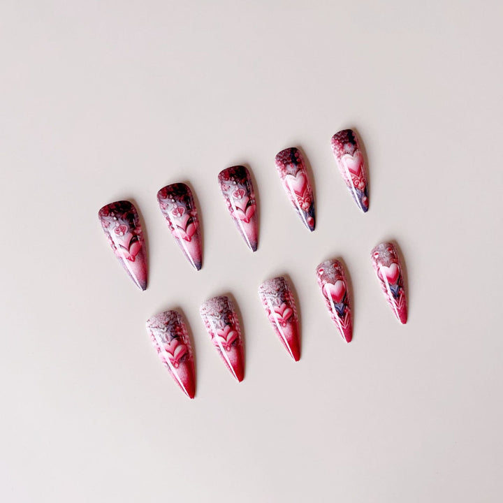 Artificial nail set with romantic 3D heart designs and luxurious embellishments Kalsten