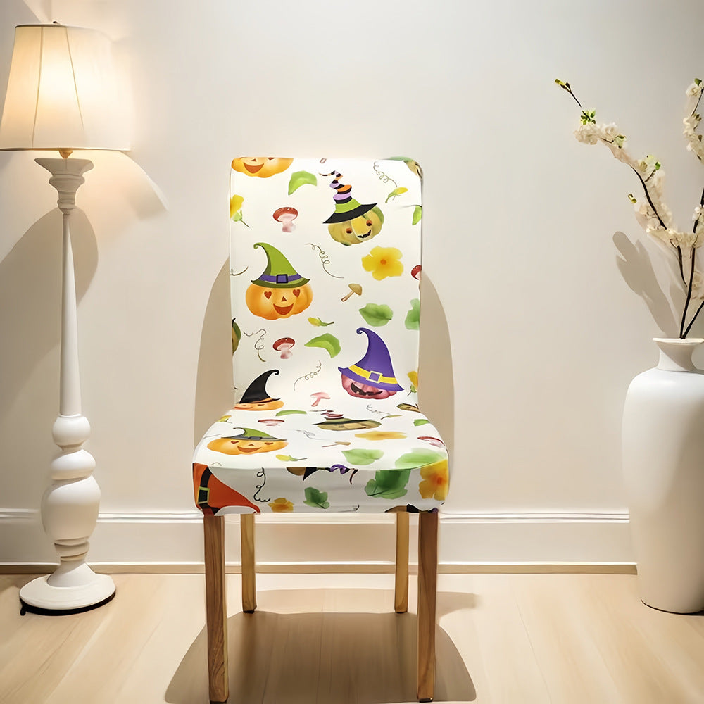 Elastic chair cover for high backs with Halloween pumpkin and witch hat print