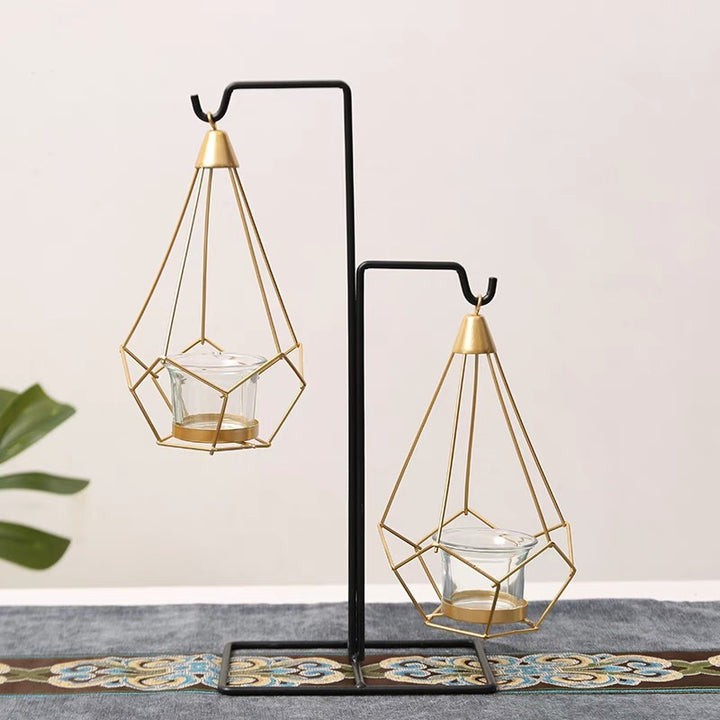 Decorative Geometric Hanging Tealight Candle Holder Set with Metal Stands and Glass Votives Kalsten