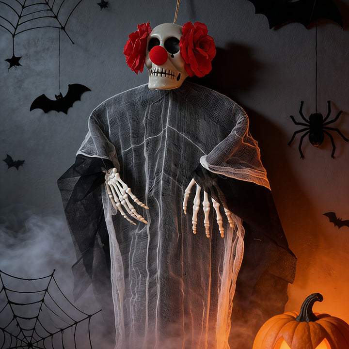 Creepy hanging decoration skeleton with glowing eyes