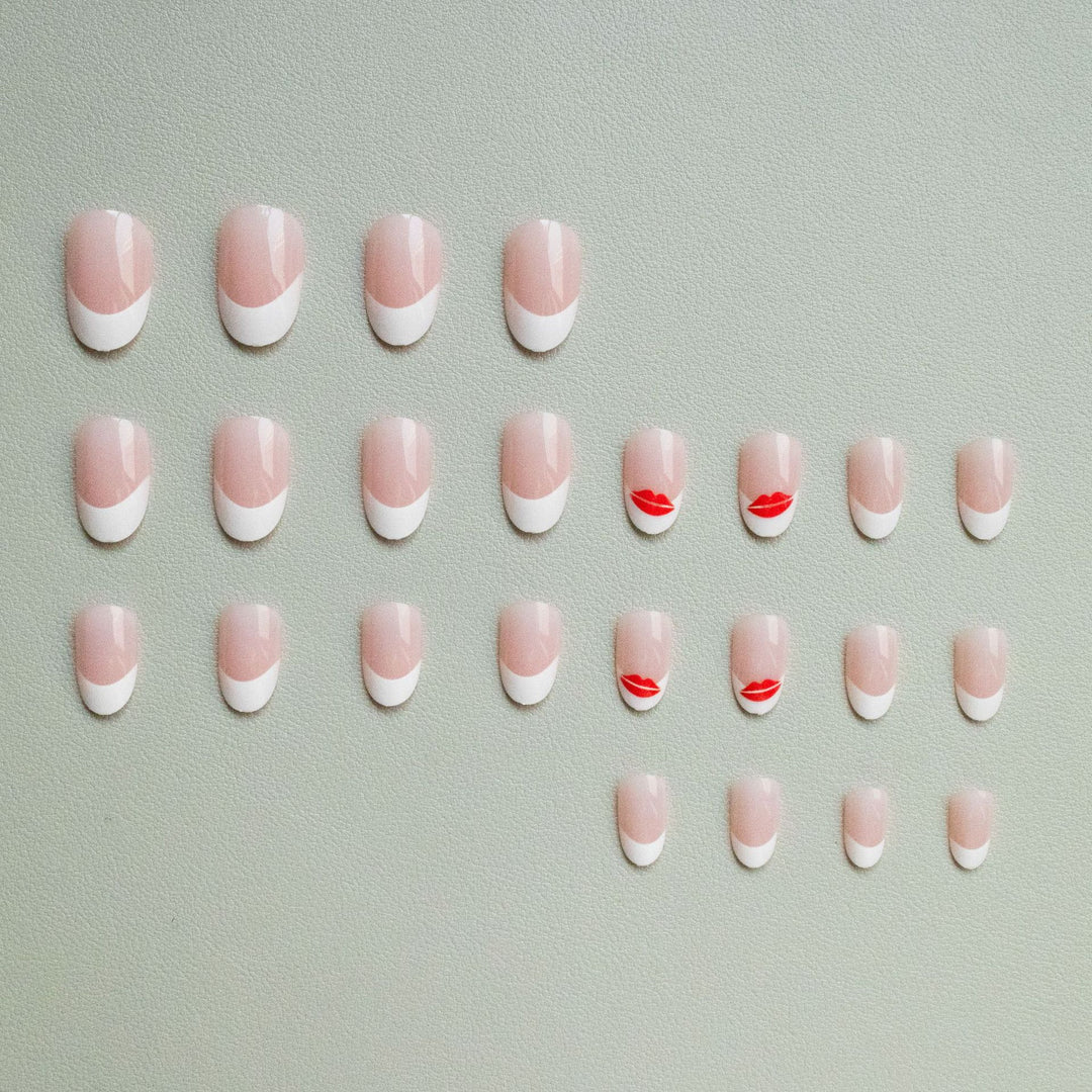 Artistic French Tip Nail Art Set with Kiss Design