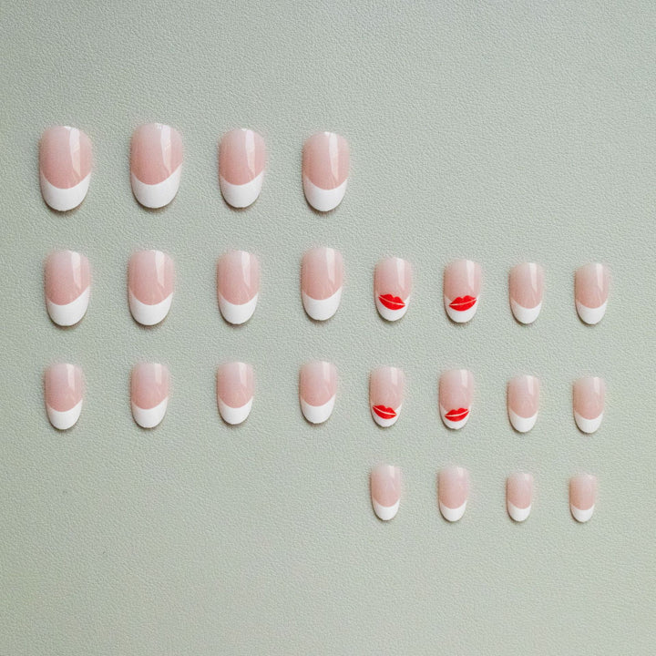 Artistic French Tip Nail Art Set with Kiss Design
