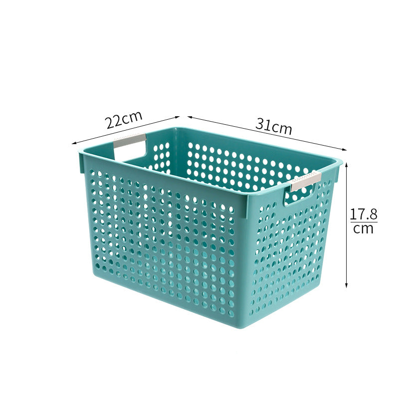 Flat plastic storage box with perforated side wall and grip recesses