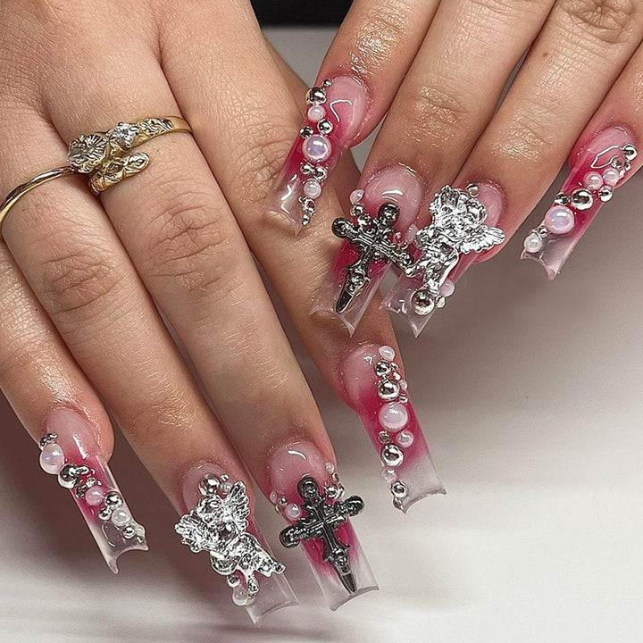 Decorative Nail Art Press-On Nails Set with Elegant Gem Accents kalsten