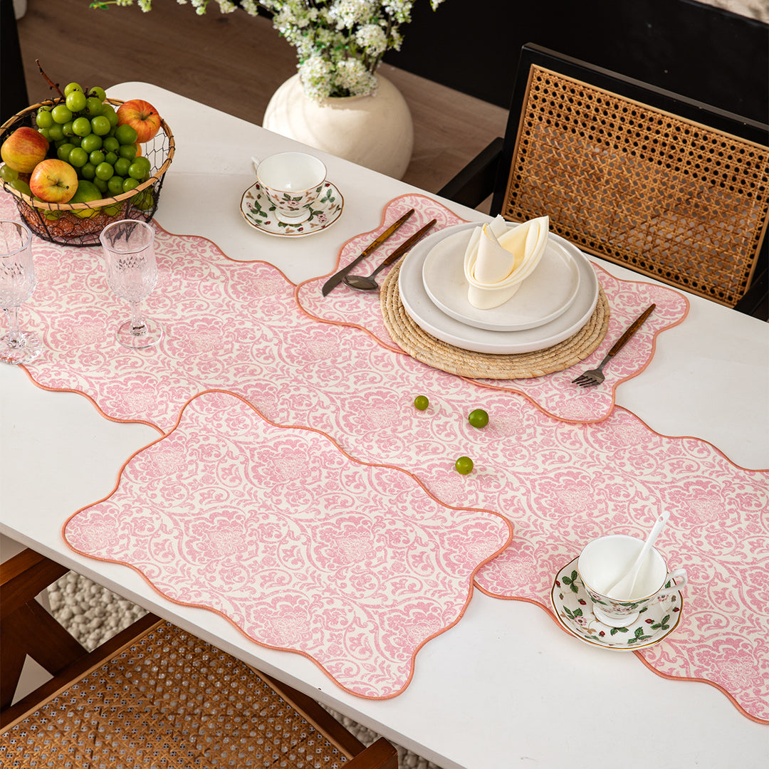 Damask-style table runner with curved wave edge and fine ornamental print Kalsten