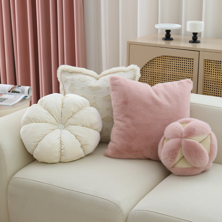 Square plush decorative cushion with microfiber faux fur surface and concealed zipper