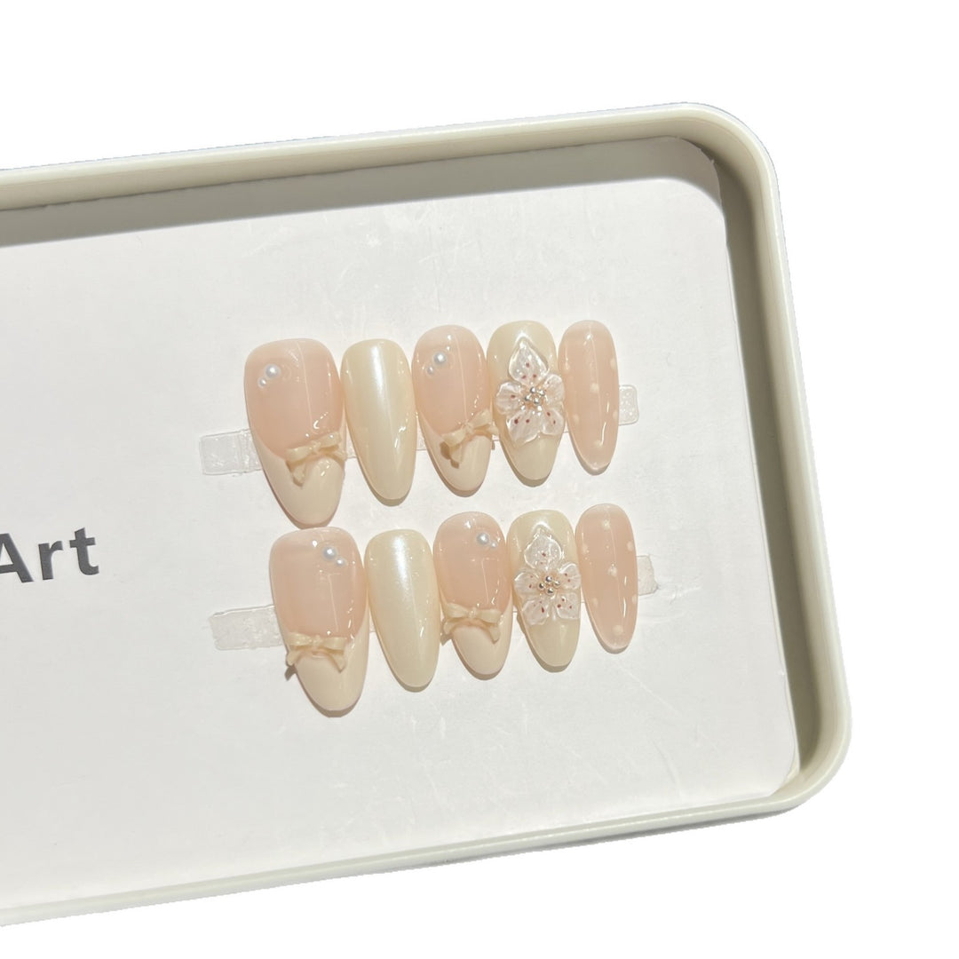 Decorative Press-On Nail Art Set with Bow and Floral Embellishments Kalsten