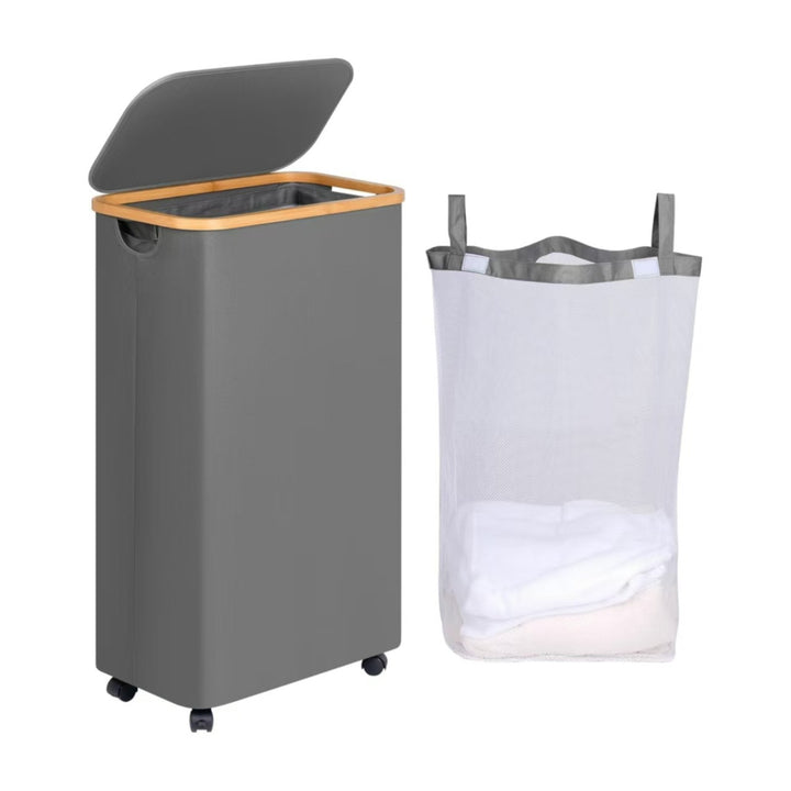 High-quality laundry container with bamboo lid and practical carrying handle Kalsten