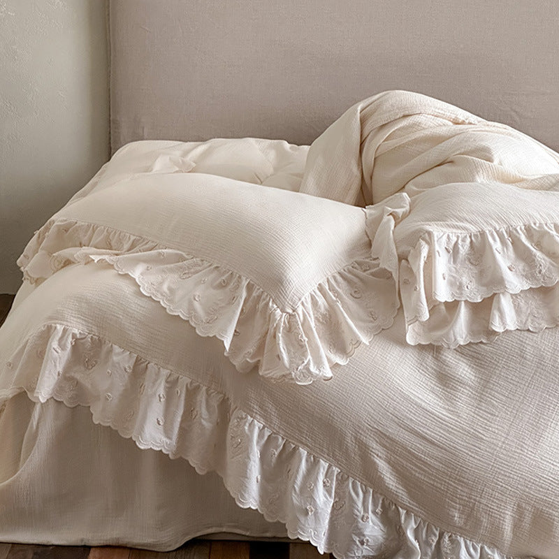 Romantic bedding set made of cotton-linen with embroidered lace, ruffle, and bed skirt