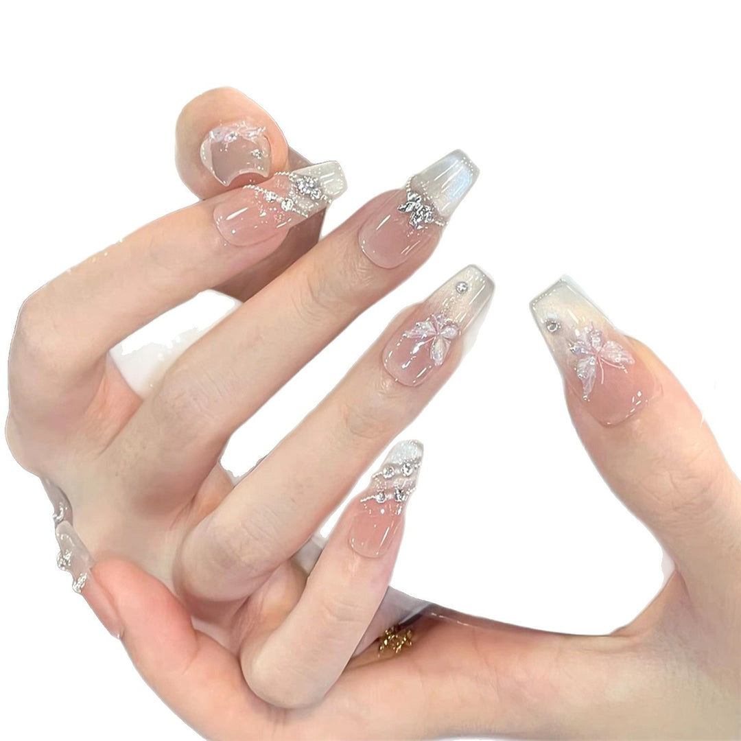 Artistic Press-On Nail Art Set with Decorative Floral and Gemstone Accents Kalsten