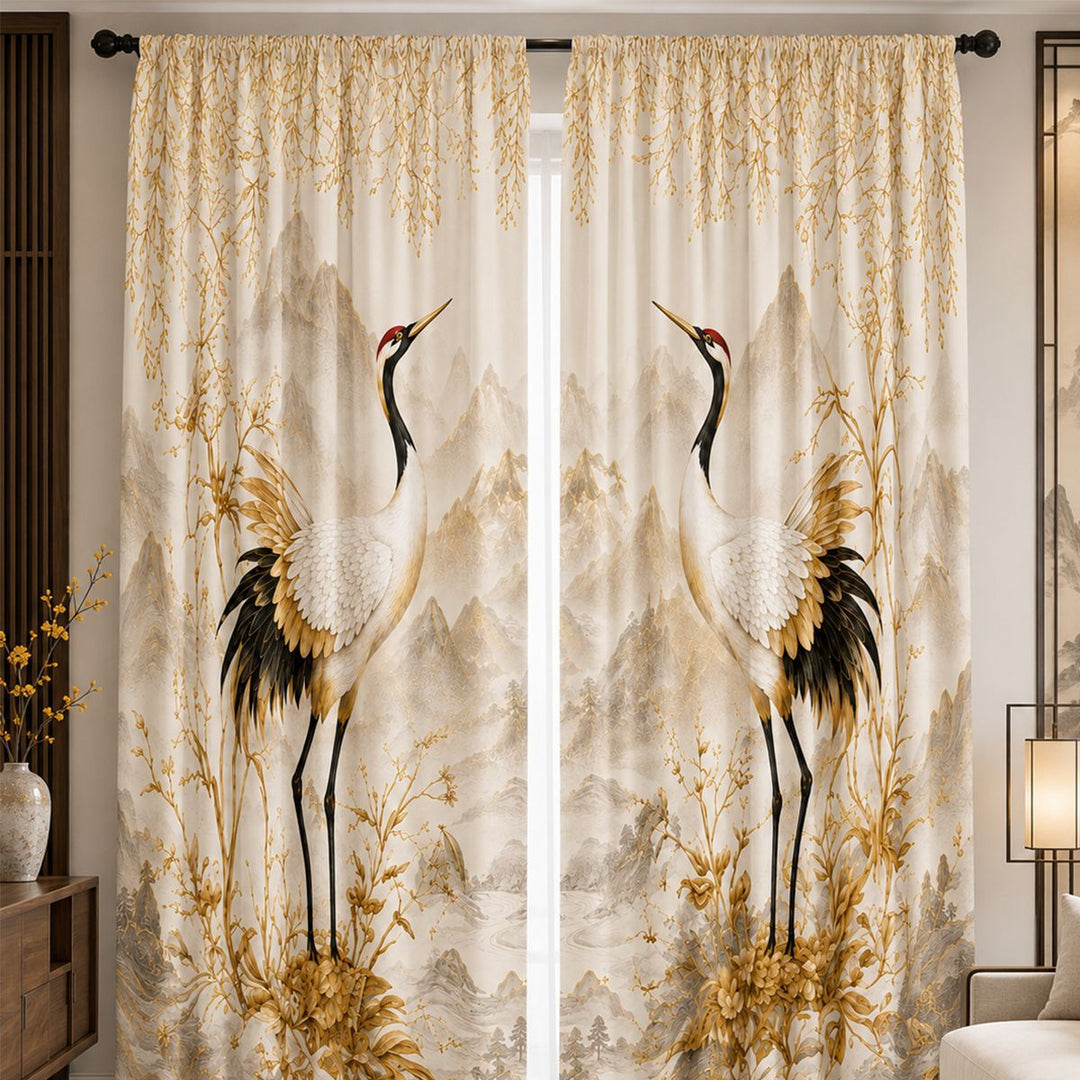 Artistic Floral Swan Print Window Curtains