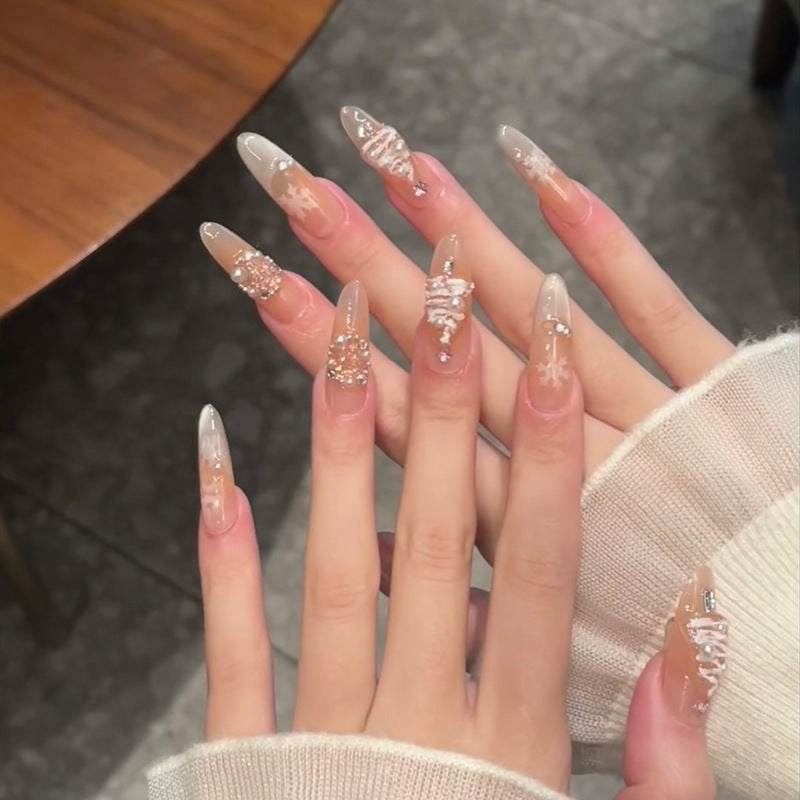Artistic Press-On Nail Set with Decorative Gemstone Accents Kalsten