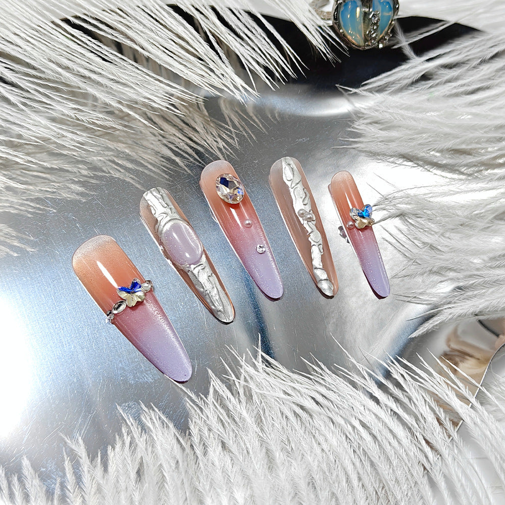 Artificial nails with elegant ombre design and jewelry accents Kalsten