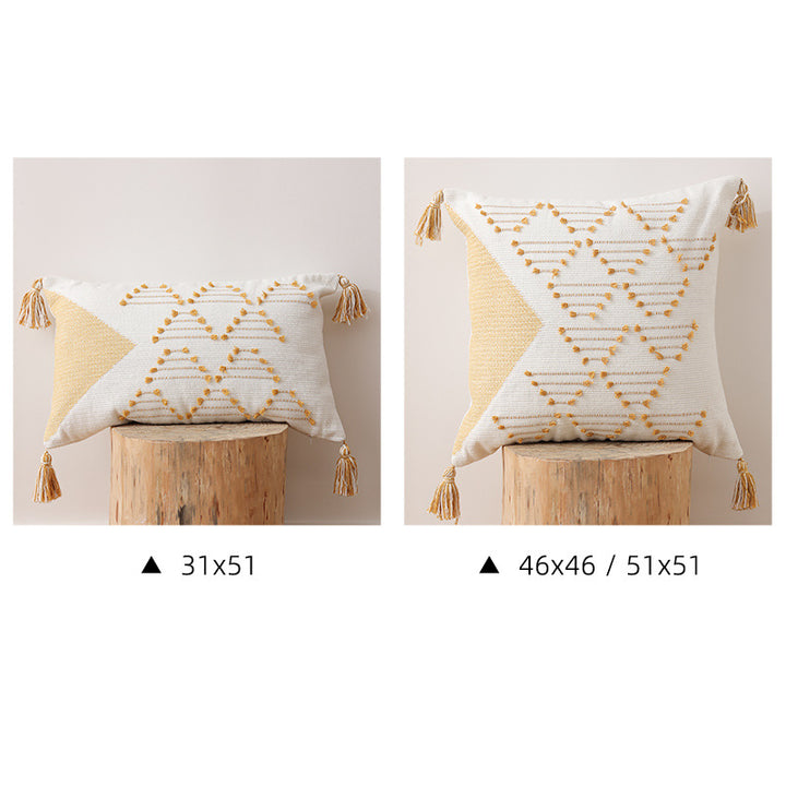 Decorative woven cushion cover with geometric tuft-relief and tassels Kalsten